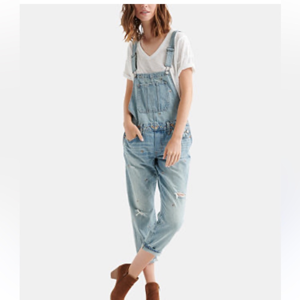 Lucky Brand Floral Embroidered Paula Boyfriend Overalls XS
